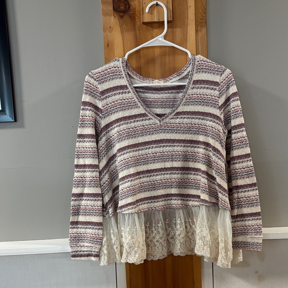 Altar'd State Purple and Cream Striped Lace Blouse